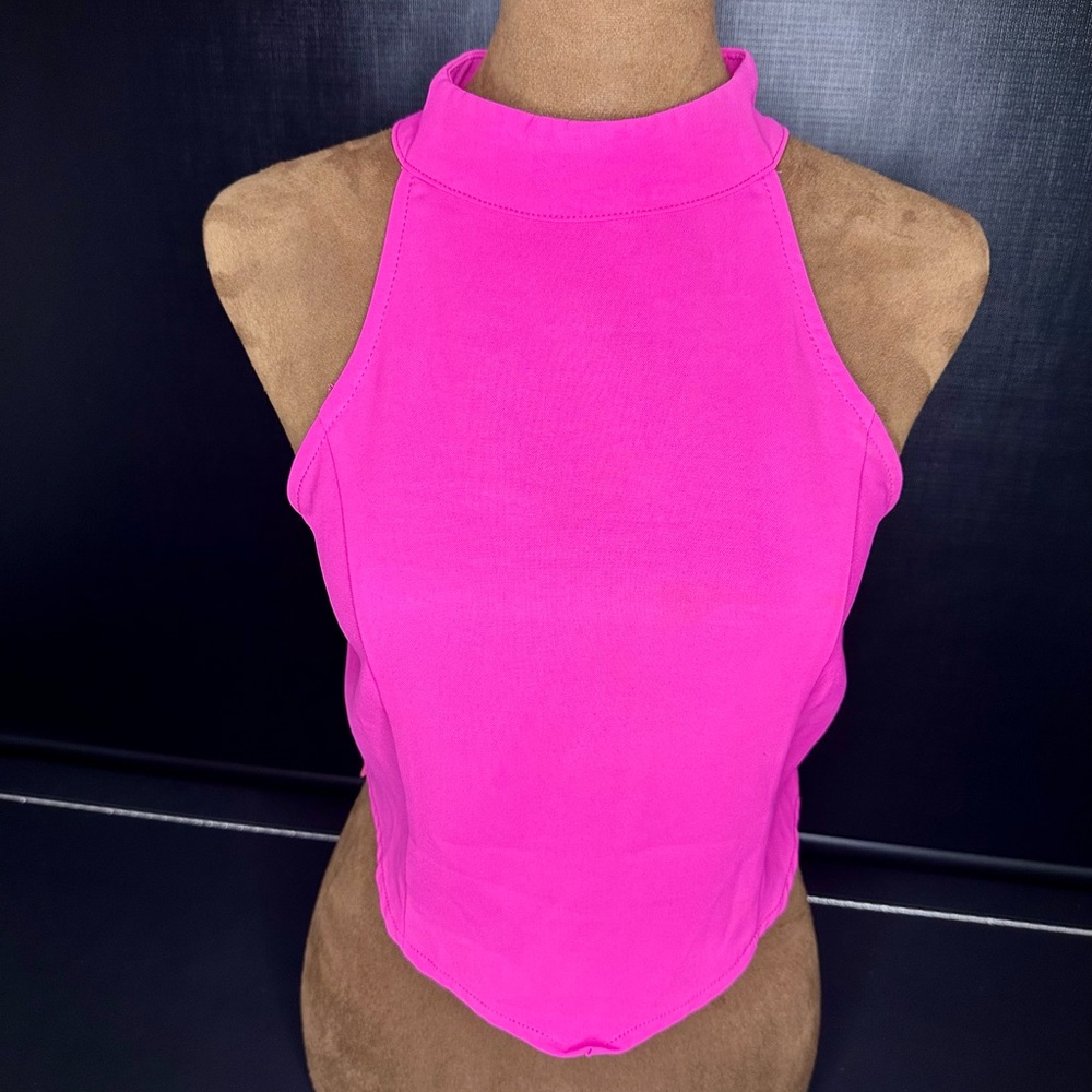 Glam Fuchsia Bright Pink Halter Crop Top Size Small